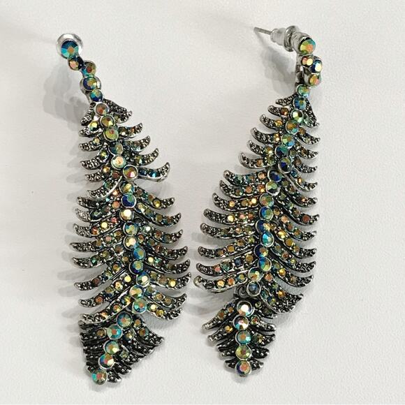 Silver Tone Articulated AB Blue Rhinestone Dangle Feather Earrings Pierced Long - Picture 4 of 9